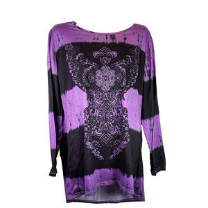 STARVNC Women Long Sleeve Boho Printing Purple & Black Colorblock Tunic Top